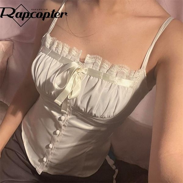 

rapcopter y2k satin crop elegant vintage cute crop bow button sweet mini vest women chic party sweats summer holiday 90s 220407, White