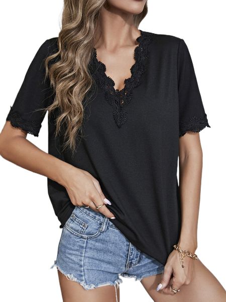 

guipure lace trim v neck tee u5ul#, White