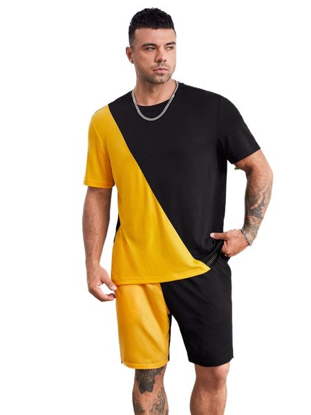 

extended sizes men colorblock tee & drawstring waist shorts p78e#, Gray