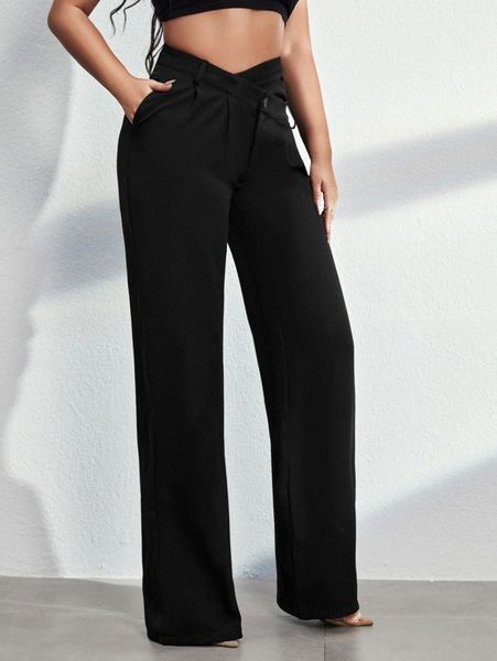 

asymmetrical waist straight leg pants o2o6#, Black;white