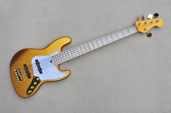 

factory custom gold shiny particles active 5-string electric bass guitar with maple fingerboard white block fret inlay gold hardwares offer