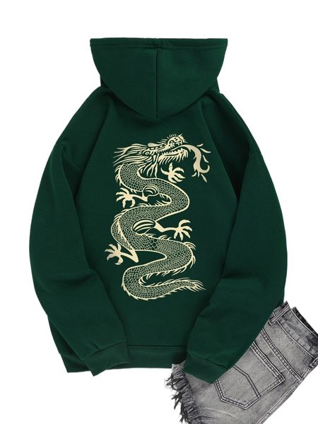 

chinese dragon graphic kangaroo pocket thermal lined drawstring hoodie r5ye#, Black