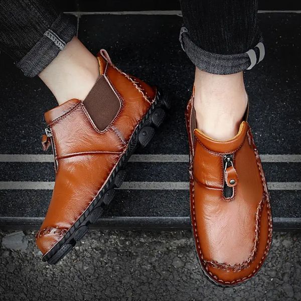 

chelsea boots men pu flat sole solid color stitching high ankle comfort classic non slip business dress boots dp176, Black