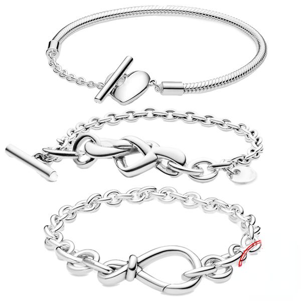 nuovo braccialetto di fascino in argento sterling 925 di tendenza braccialetto a forma di cuore annodato a t per accessori moda bracciale gioielli da donna pandora europei