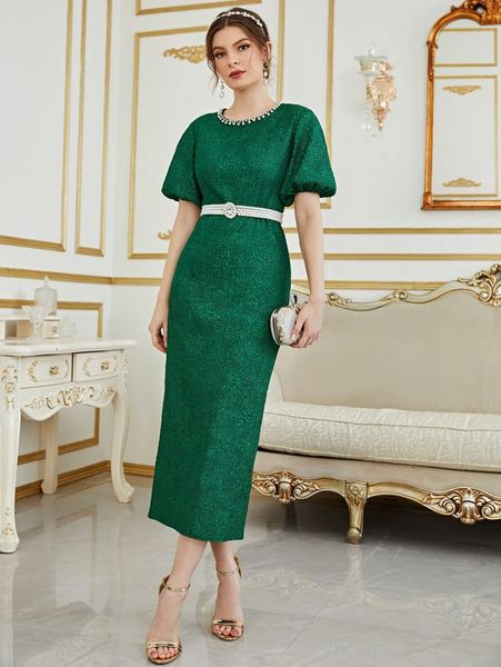 

jacquard lantern sleeve split hem belted dress f3iq#, Black;gray