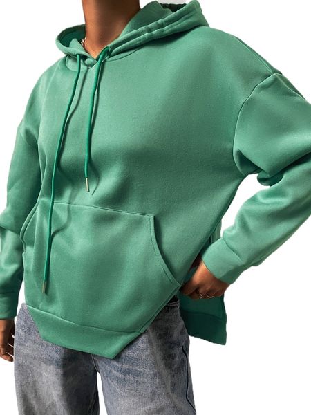 

sollinarry drawstring detail pouch pocket slit hem hoodie j8xs#, Black