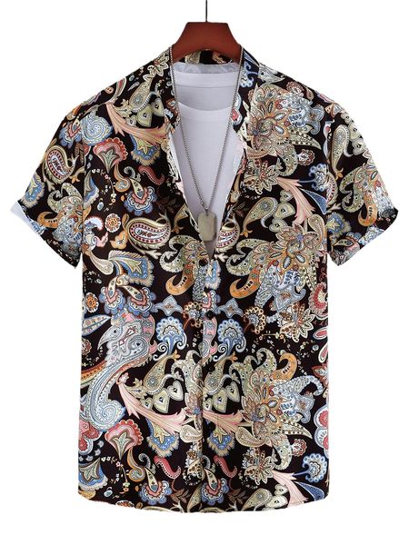 

men paisley print button up shirt without tee 22lg#, White;black