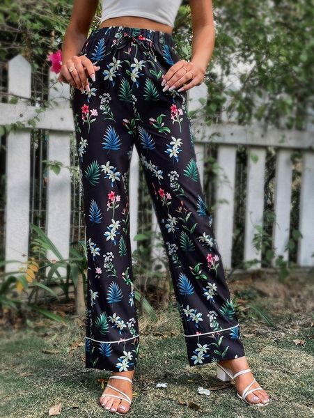 

floral print drawstring waist pants d2ye#, Black;white