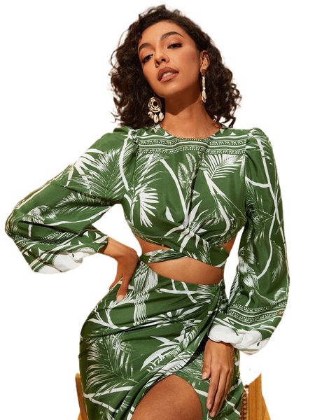 

tropical print lantern sleeve tie back crop blouse 66gv#, White