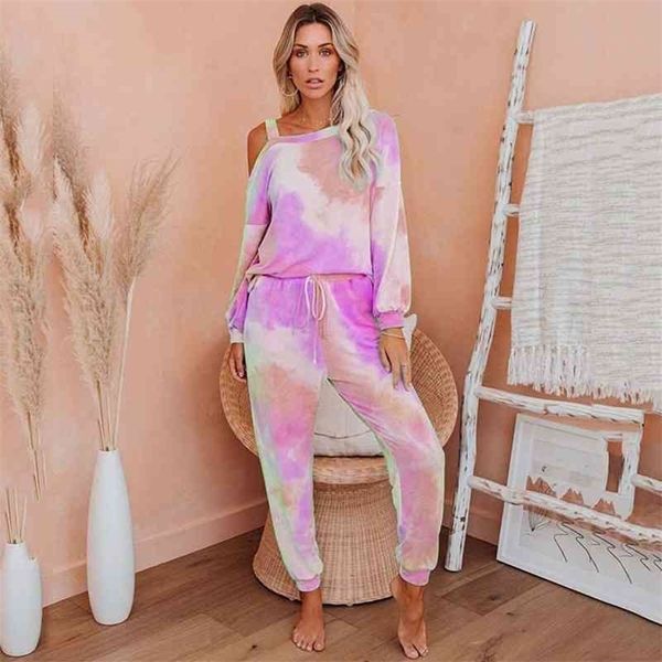 Sonbahar Salonu Seti Kadınlar 2 Parça Kravat Boya Seti Lounge Wear Women Winter Loungewear Kadınlar İçin İki Parça Kıyafet 210331