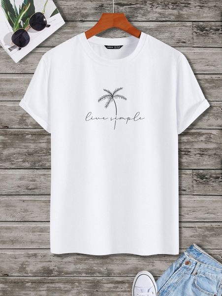 

men letter & palm tree print tee t9ge#, White;black