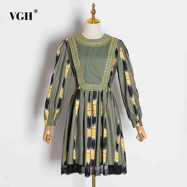

green party dress for female o neck lantern long sleeve embroidery print ruched hit color womens dresses clothing 210507, Black;gray