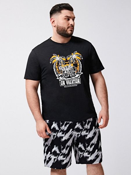 

extended sizes men letter & coconut tree print tee and tie dye shorts set u6tj#, Gray