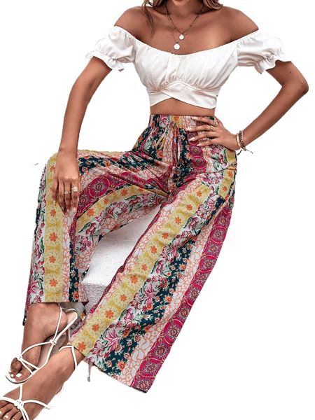 

floral print tie front wide leg pants n3pa#, Black;white