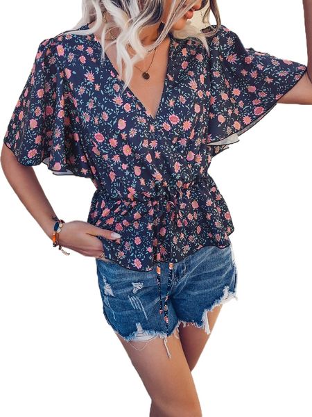 

ditsy floral butterfly sleeve knot front peplum blouse h1cb#, White