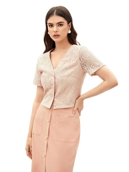 

button front crop floral lace blouse i89v#, White