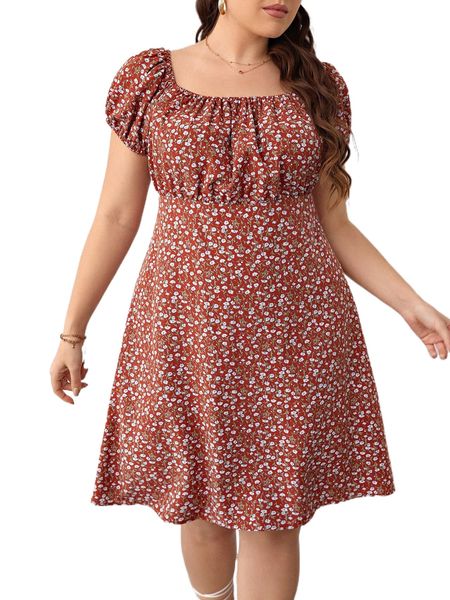 

plus size dresses plus ditsy floral ruched bust high waist dress g62r#, Black