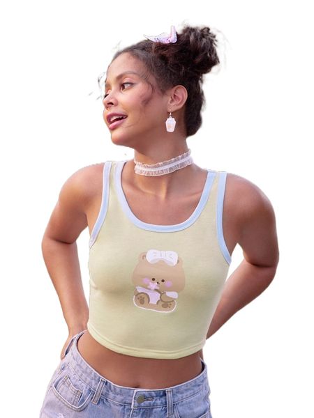 

kawaii cartoon graphic ringer tank v29x#, White