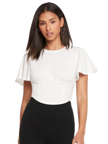 

tall solid butterfly sleeve tee c0f9#, White