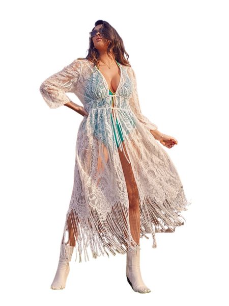 

plus knot front fringe trim lace kimono h2tk#, Black;gray