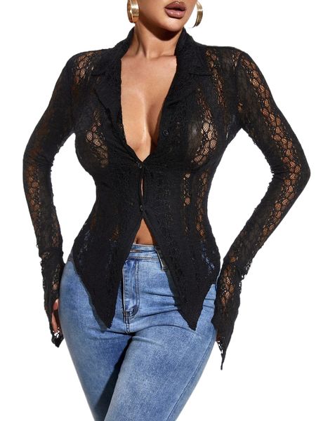 

sxy button front lace panel sheer 606m#, White