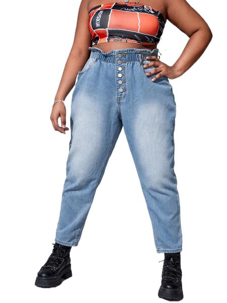 

plus stone washed paper bag waist button fly jeans d1aq#, Blue