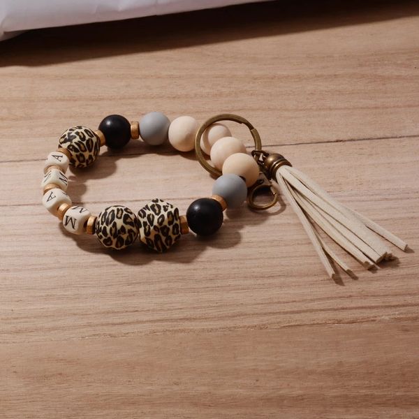 New Leopard Print Silicone Bead Keychain Bolsa de moda pendente Tassel Mama Letras Bracelet Key Correntes
