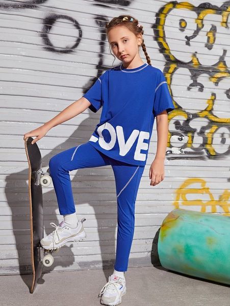 

girls letter graphic stitching drop shoulder tee & pants she, White