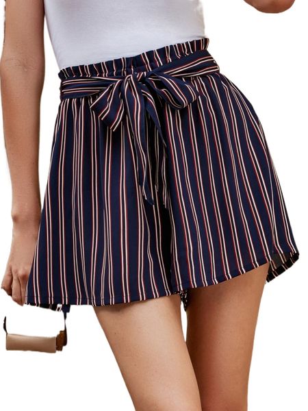 

striped paperbag waist belted wide leg shorts z2z9#, White;black