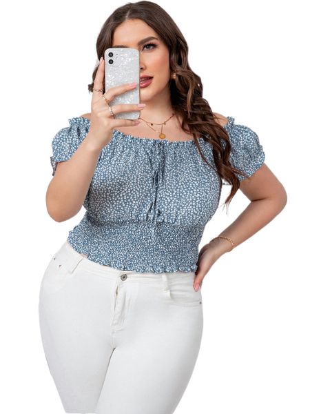 

plus ditsy floral print off shoulder knot front shirred blouse 494c#, Black
