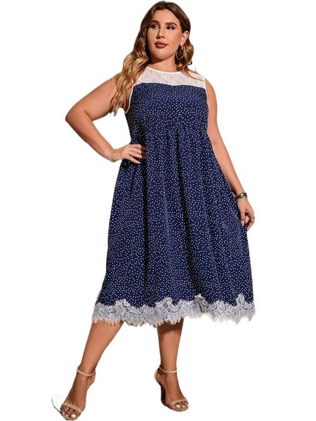 

plus polka dot contrast lace smock dress v7gf#, Black