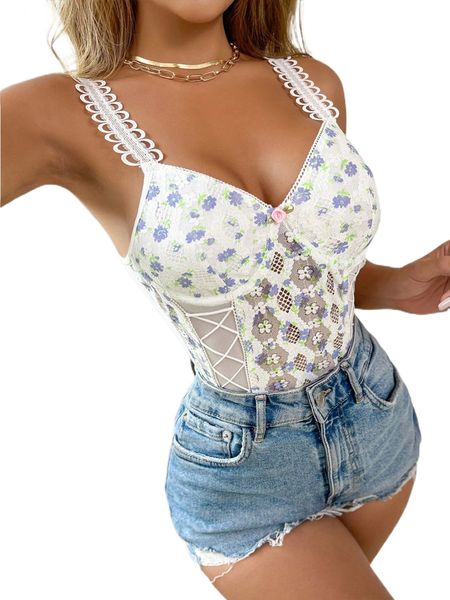 

floral pattern lace-up front lace cami bodysuit e5hx#, White