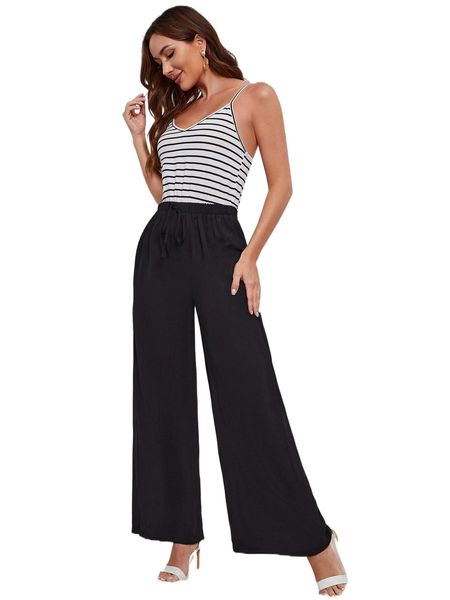 

striped print wide leg cami jumpsuit n8ig#, Black;white
