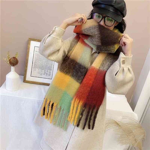 

style mohair scarf ac same tassel rainbow long versatile contrast plaid shawl, Blue;gray