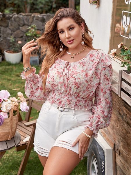 

plus allover floral print tie front shirred waist flounce sleeve blouse b0ky#, Black