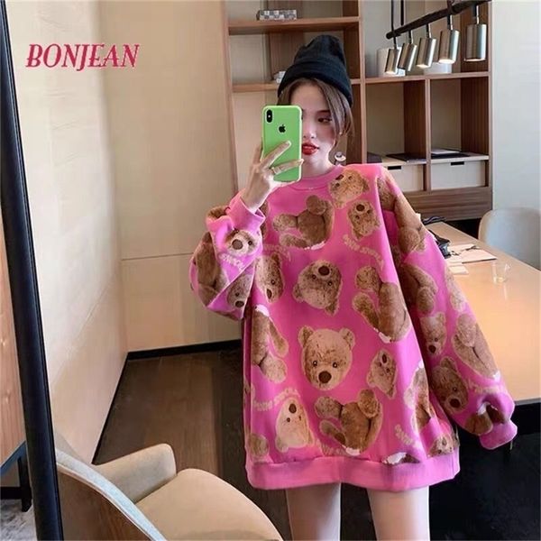 Felpa con cappuccio rosa ampia taglie forti streetwear donna top invernali autunno pullover coreano felpa girocollo oversize natalizia 201208