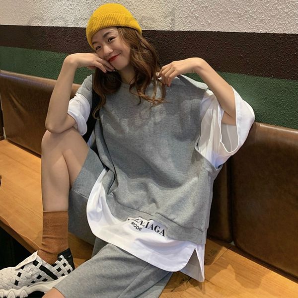 

women's tracksuits designer suit female 2022 summer new korean harajuku lazy style loose casual fashion fake two-piece short sleeved sh, Gray