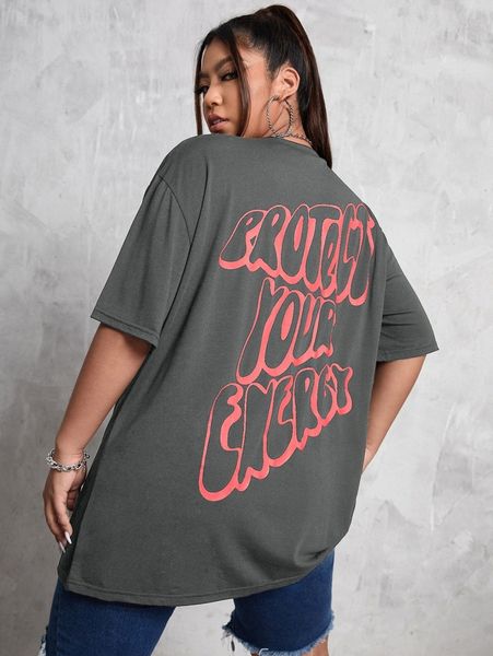 

plus slogan graphic drop shoulder tee u258#, Black