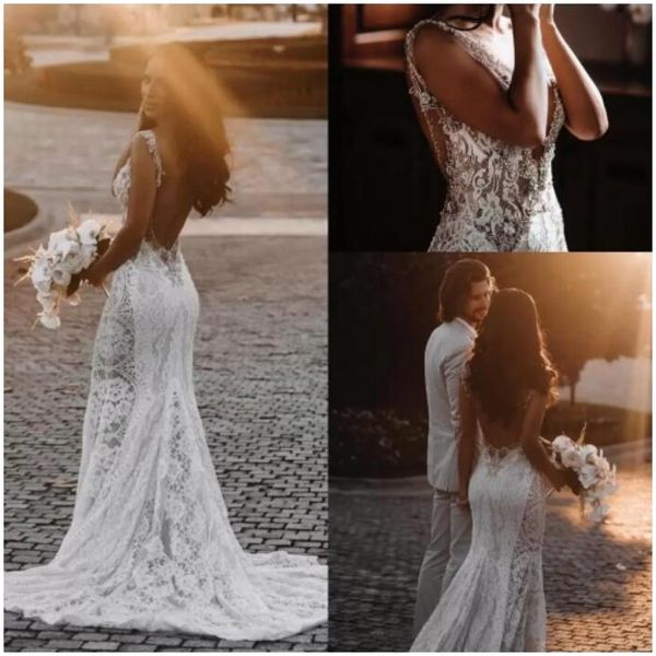 

v neck lace mermaid wedding gowns vestidos de novia 2022 ilusion beating train beach bohemian boho weddal gowns bc12888 c0619g02, White