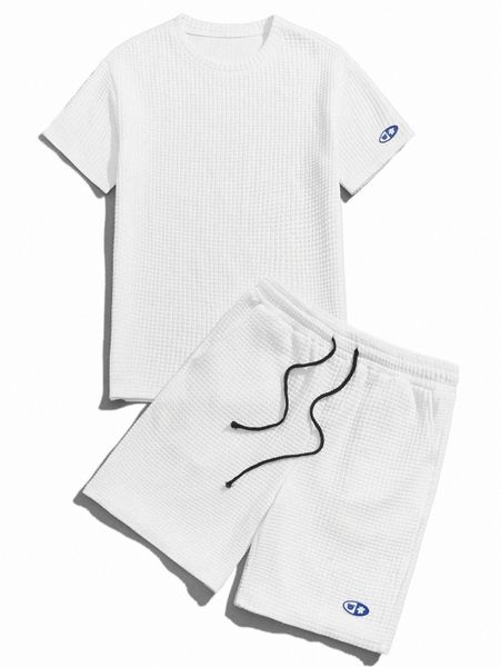 

romwe guys cartoon patched waffle knit tee & shorts u7al#, Gray