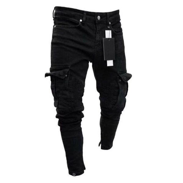 Jeans masculinos Black Jean Men Denim Skinny Biker Destruído Destacado Slim Fit Pocket Cargo Lá -is