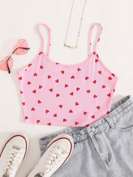 

heart print rib-knit crop cami c2sq#, White