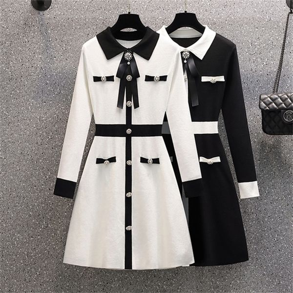 

small fragrance fall winter knitted sweater dress women bow tie buttons vintage party mini dress elegant casual chic robe femme 220316, Black;gray