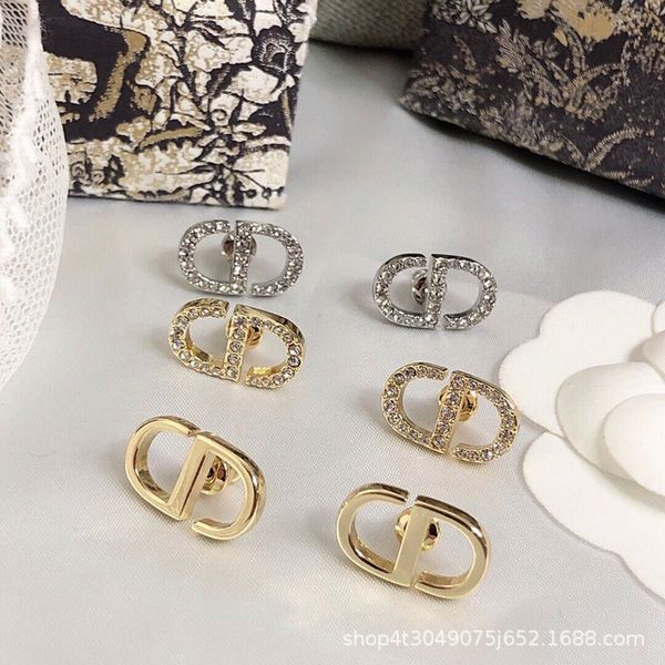 

d home diamond inlaid cd letter earrings women's small and exquisite temperament net red same s925 sterling silver, Golden