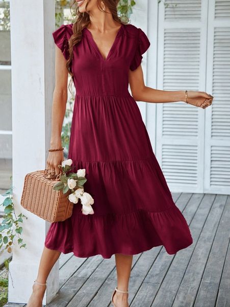 

flutter sleeve ruffle hem dress t4ne#, Black;gray