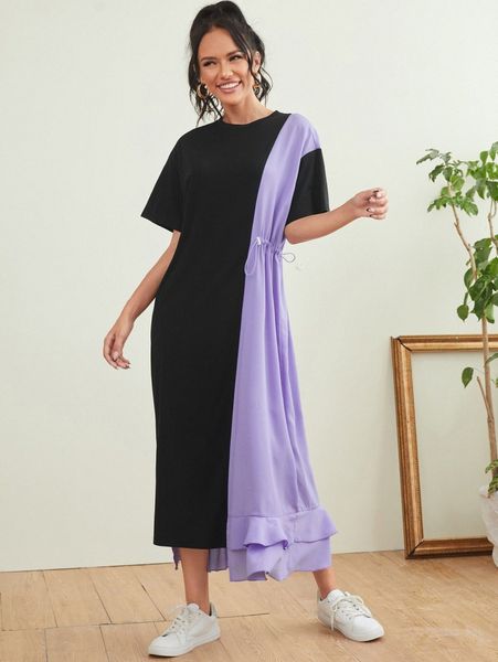 

drawstring waist ruffle hem colorblock dress m3nr#, Black;gray