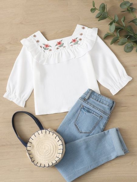 

toddler girls floral embroidered ruffle trim she, White;black