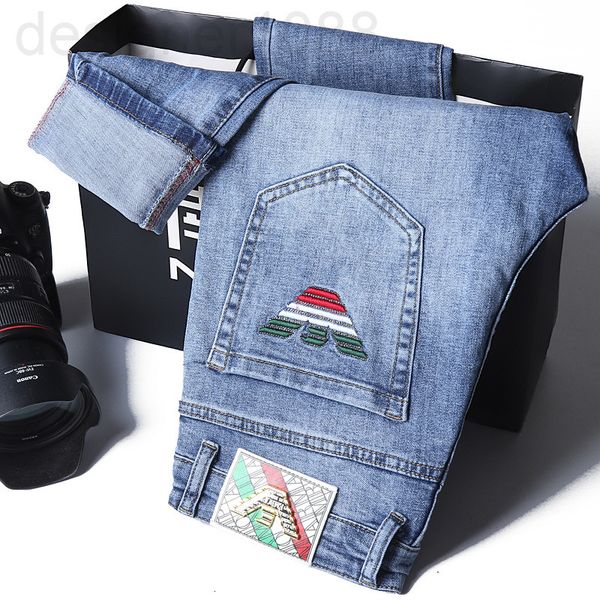 

men's jeans designer spring and summer thin jeans men's elastic slim little feet light blue embroidery fashion casual trousers z0t