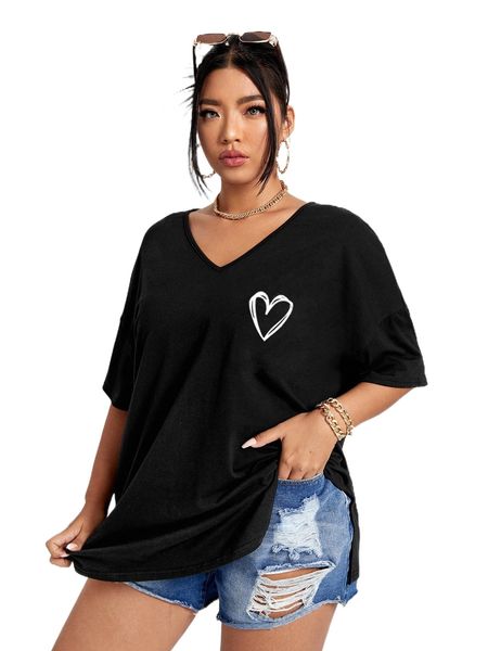 

plus heart print drop shoulder tee o3h5#, Black