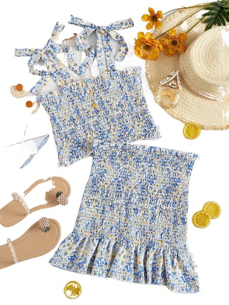 

ditsy floral shirred tie shoulder cami & ruffle hem skirt q0pz#, White